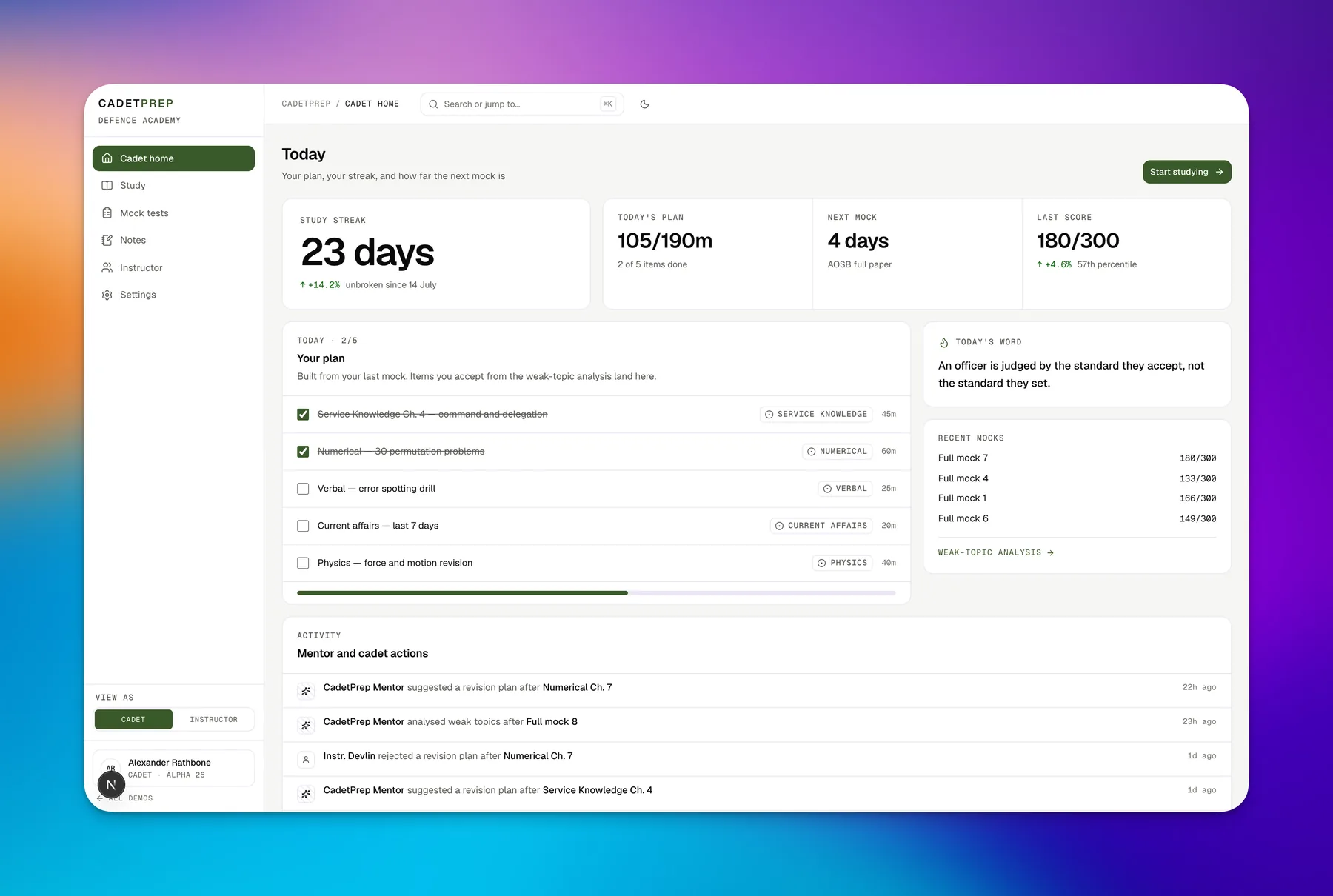 CadetPrep, light interface